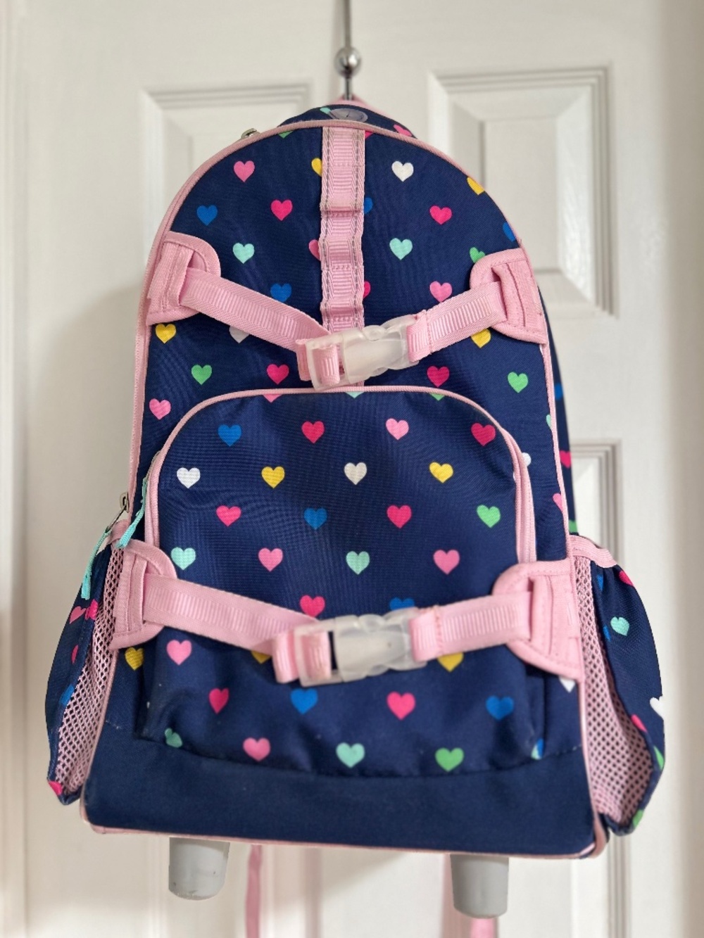Pottery Barn Kids Mackenzie Rolling Backpack Navy Pink Multicolor Hearts Girls W